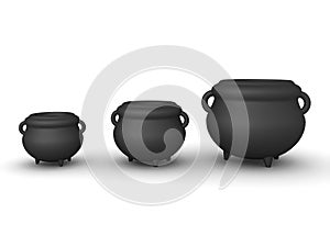 3D Rendering of three different sized cauldrons