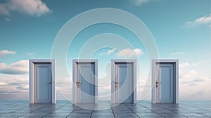 3D rendering of three doors on a blue sky background with clouds Generative AI