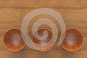 3d rendering. three japanese miso soup wood bowls on copy space table background