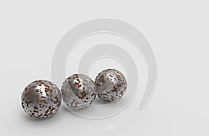 3d rendering. Three old rusty metal sphere ball on gray background.