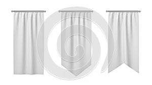 3d rendering of three rectangular white flags hanging vertically on a white background.