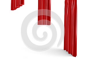 3d rendering of a three red satin curtains of different size are hanging on white background
