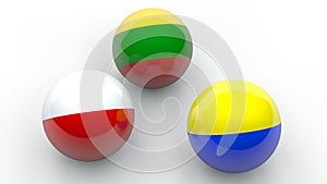 3D rendering of three spheres with flags of Poland, Ukraine and Lithuania. The idea of creating a political European bloc is the