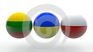 3D rendering of three spheres with flags of Poland, Ukraine and Lithuania. The idea of creating a political European bloc is the