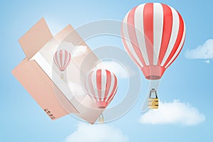 3d rendering of three striped hot-air balloons and several white clouds flying out of a big cardboard box in the blue