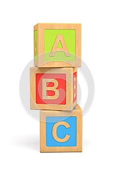 3d rendering of three wooden toy cubes with ABC lettering isolated on white background.