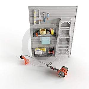 3D rendering of a tool bench with various tools and storage containers on a white background