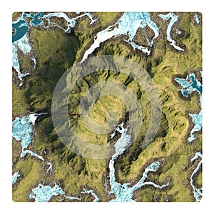 3D rendering of the Top View of the mountain surrounded by the ocean.