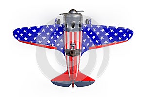 3d rendering top view of Polikarpov Vintage airplane with stars and stripes, the 4th of July Independence day United States of