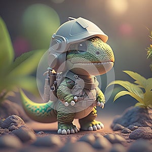 3D rendering of a toy dinosaur with a soldier helmet