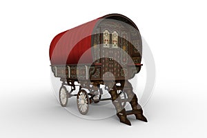 3D rendering of a traditional Romany gypsy caravan with red roof isolated on white