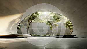 3D rendering of a tree setting in the middle of a concrete building.
