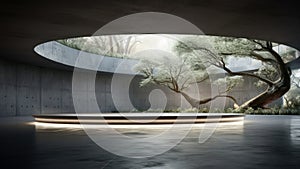 3D rendering of a tree sitting in the middle of a concrete building.