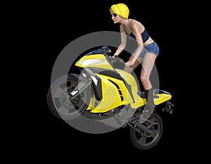 3d rendering, Tricks on motorcycle, stuntwoman, Stunt Riding