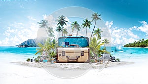 3D rendering of a tropical beach with palm trees, ocean, and a suitcase full of summer accessories