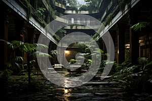 3D rendering of a tropical garden in the night with a bench, Abandoned hotel in the middle of a lost city, AI Generated