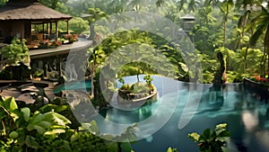 3D rendering of a tropical garden with a swimming pool and a hotel, Exotic oasis in bali, a tropical swimming pool, nestled amidst