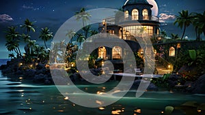 3D rendering of a tropical island with palm trees in the night, Island in the middle of the ocean with an extremely luxurious