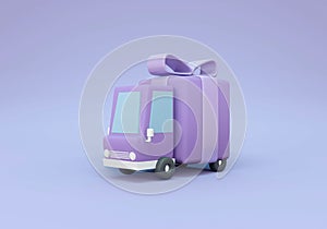 3D Rendering truck with big gift box on purple background.