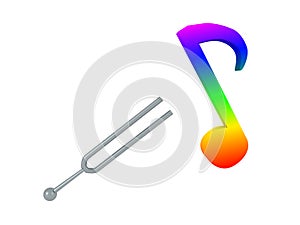 3D Rendering of tunning fork with colorful musical note next to it