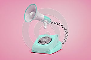 3d rendering of turquoise retro phone with a dial stands on a pink background connected to a megaphone by a black cord.