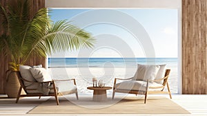 3D rendering of two beach chairs and a table with sea view background.