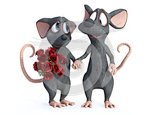 3D rendering of two cartoon mice dating