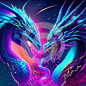 3d rendering of two dragon heads in neon light on colorful background Generative AI