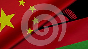 3D Rendering of two flags from china and Republic of Malawi together with fabric texture, bilateral relations, peace and conflict