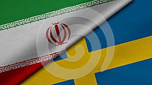 3D rendering of two flags of Islamic Republic of Iran and Kingdom of Sweden together with fabric texture, bilateral relations,