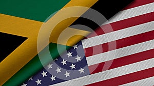 3D rendering of two flags of Jamaica and America together with fabric texture, bilateral relations, peace and conflict between