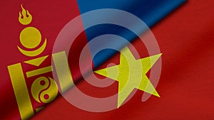 3D rendering of two flags of Mongolia and Socialist Republic of Vietnam together with fabric texture, bilateral relations, peace