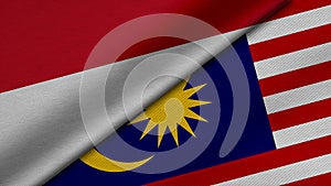 3D Rendering of two flags from Republic of Indonesia and Malaysia together with fabric texture, bilateral relations, peace and