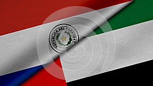 3D Rendering of two flags from Republic of Paraguay and United Arab Emirates together with fabric texture, bilateral relations,