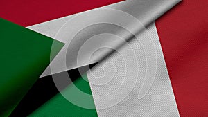 3D rendering of two flags of Republic of the Sudan and Italian Republic together with fabric texture, bilateral relations, peace