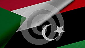 3D rendering of two flags of Republic of the Sudan and State of Libya together with fabric texture, bilateral relations, peace and