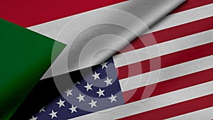 3D rendering of two flags of Republic of the Sudan and United States of America together with fabric texture, bilateral relations