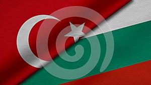 3D Rendering of two flags from Republic of Turkey and Republic of Bulgaria with fabric texture, bilateral relations, peace and