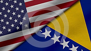 3D Rendering of two flags from United States of America and Bosnia and Herzegovina together with fabric texture, bilateral