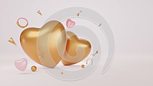 3d rendering two golden hearts with ribbon surround valentines day background illustration.