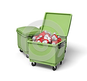 3d rendering of two green trash cans, front can open and full of broken and bent red alarm clocks.