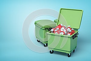 3d rendering of two green trash cans, front can open and full of broken and bent red alarm clocks, on light-blue