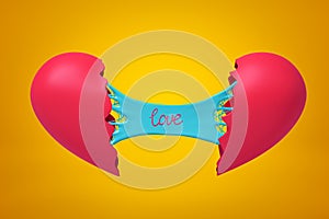 3d rendering of two halves of broken heart joined with blue sticky slime banner with title love on it on yellow