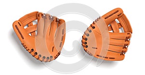 3d rendering of two left handed orange baseball gloves lying on a white background in a top view.