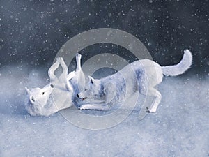 3D rendering of two majestic white wolfs playing