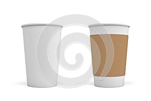 3d rendering of two open white coffee cups, one with a carton sleeve on and one empty.