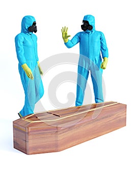 3D rendering of two persons in hazmat suit with coffin