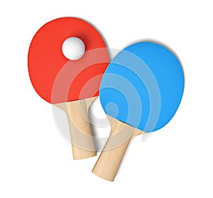 3d rendering of two ping pong rackets with red and blue rubbers and one white ping pong ball viewed from above isolated