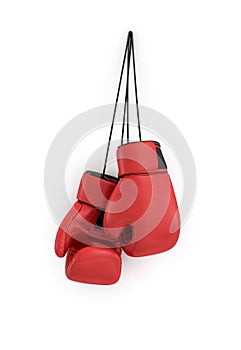 3d rendering of two red boxing gloves hanging on a long black string on a white background.