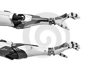 3d rendering of two robot arms with hand fingers in grabbing motion on white background.